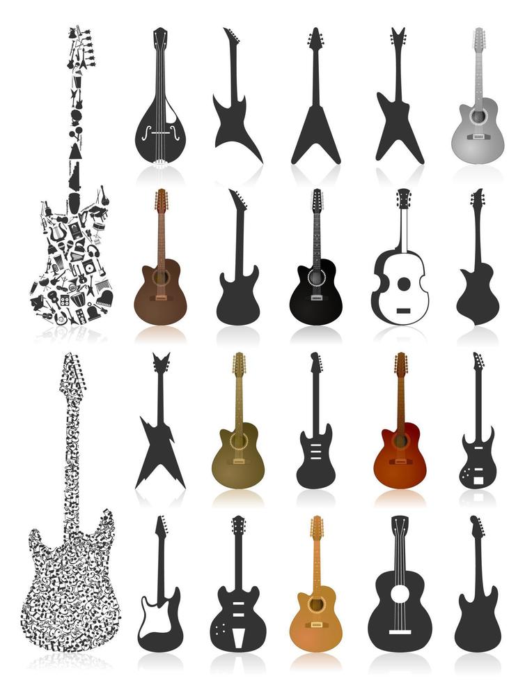Icons of an acoustic guitar of six colours. A vector illustration