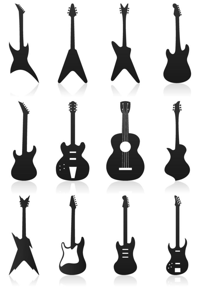 Icons of an acoustic guitar of six colours. A vector illustration