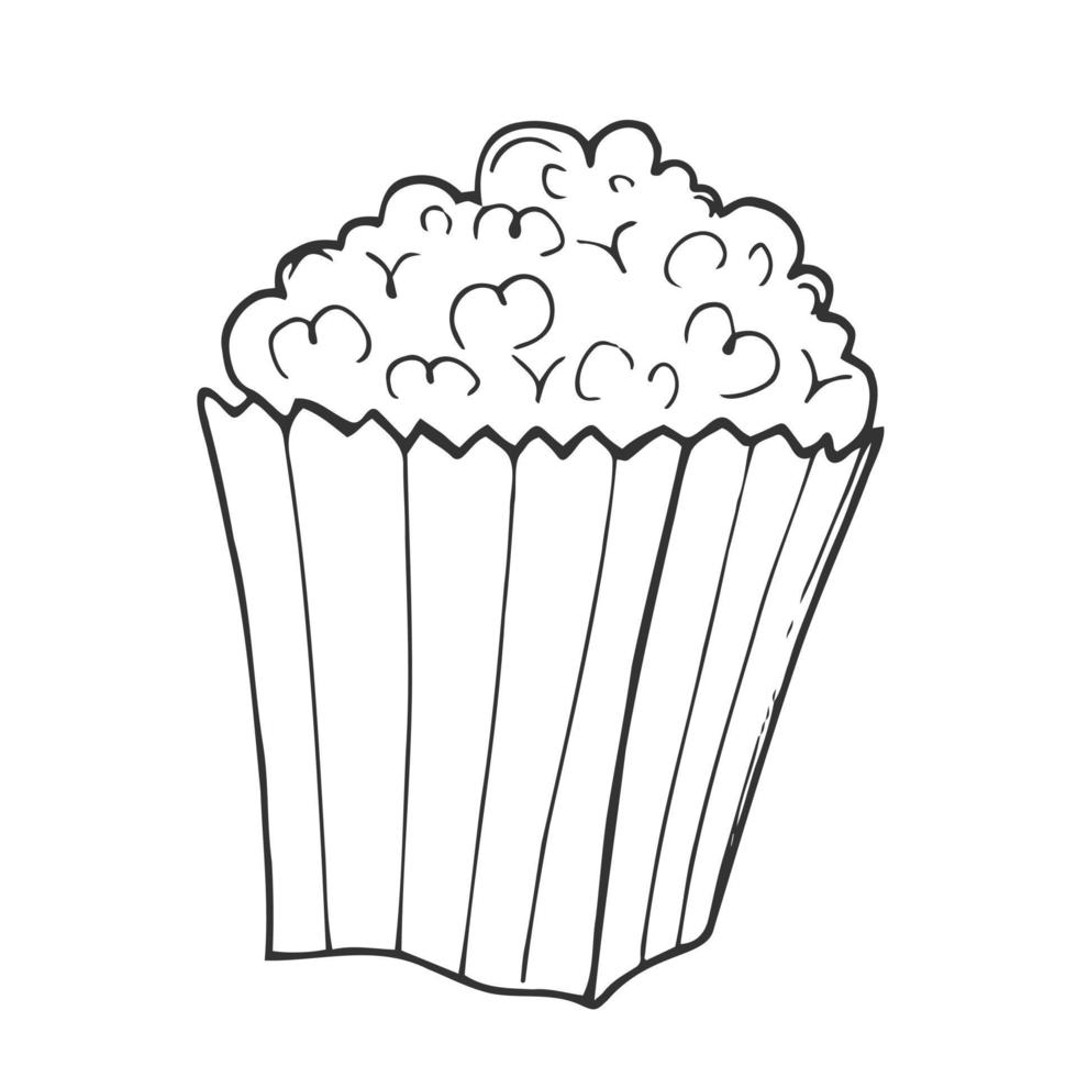 Contour popcorn icon. Hand drawn cartoon illustration of food in cinema. American symbol of snack in doodle style. Large paper cup striped to the top filled with ready-made corn kernels vector