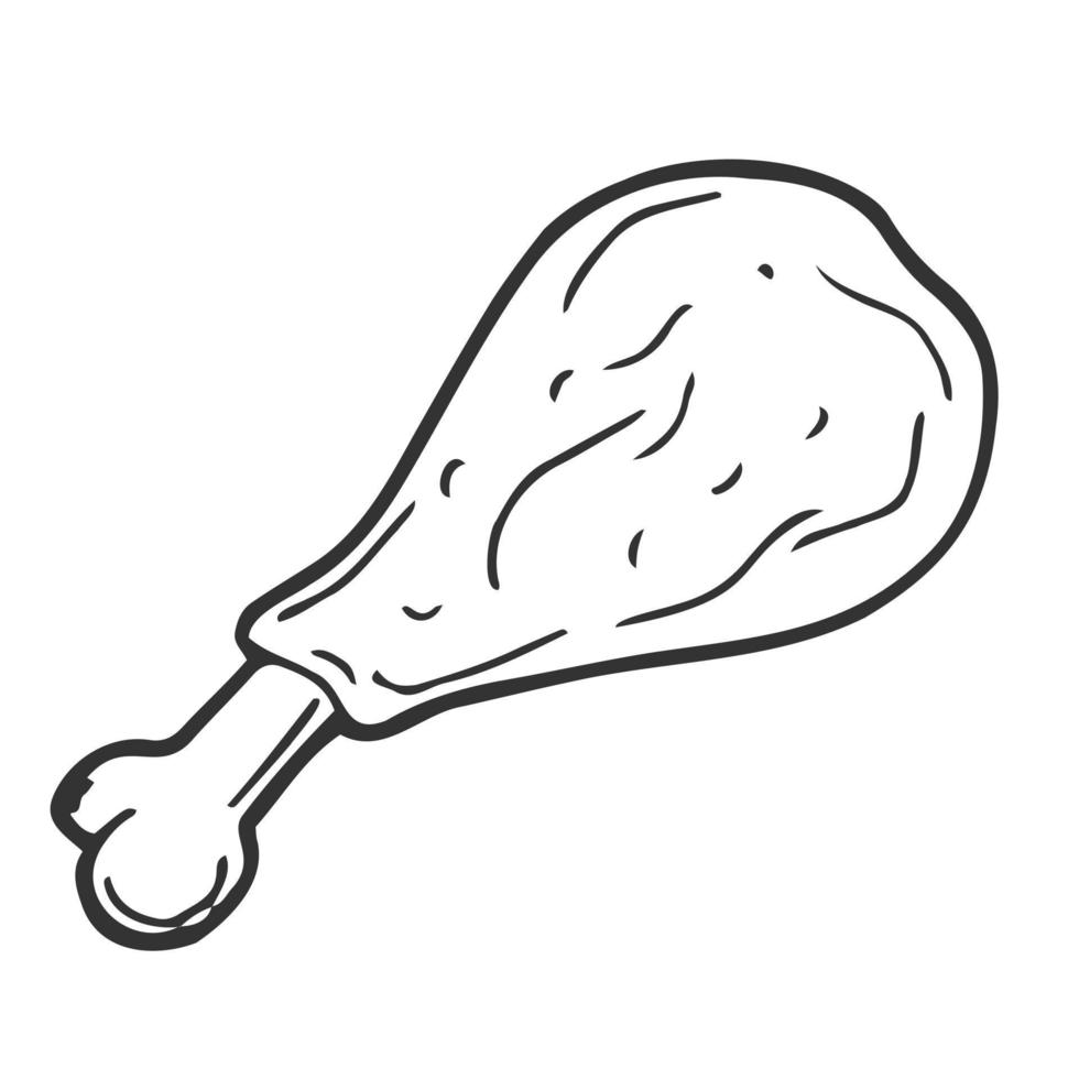 Doodle chicken leg icon in line sketch. Vector drawing on white background