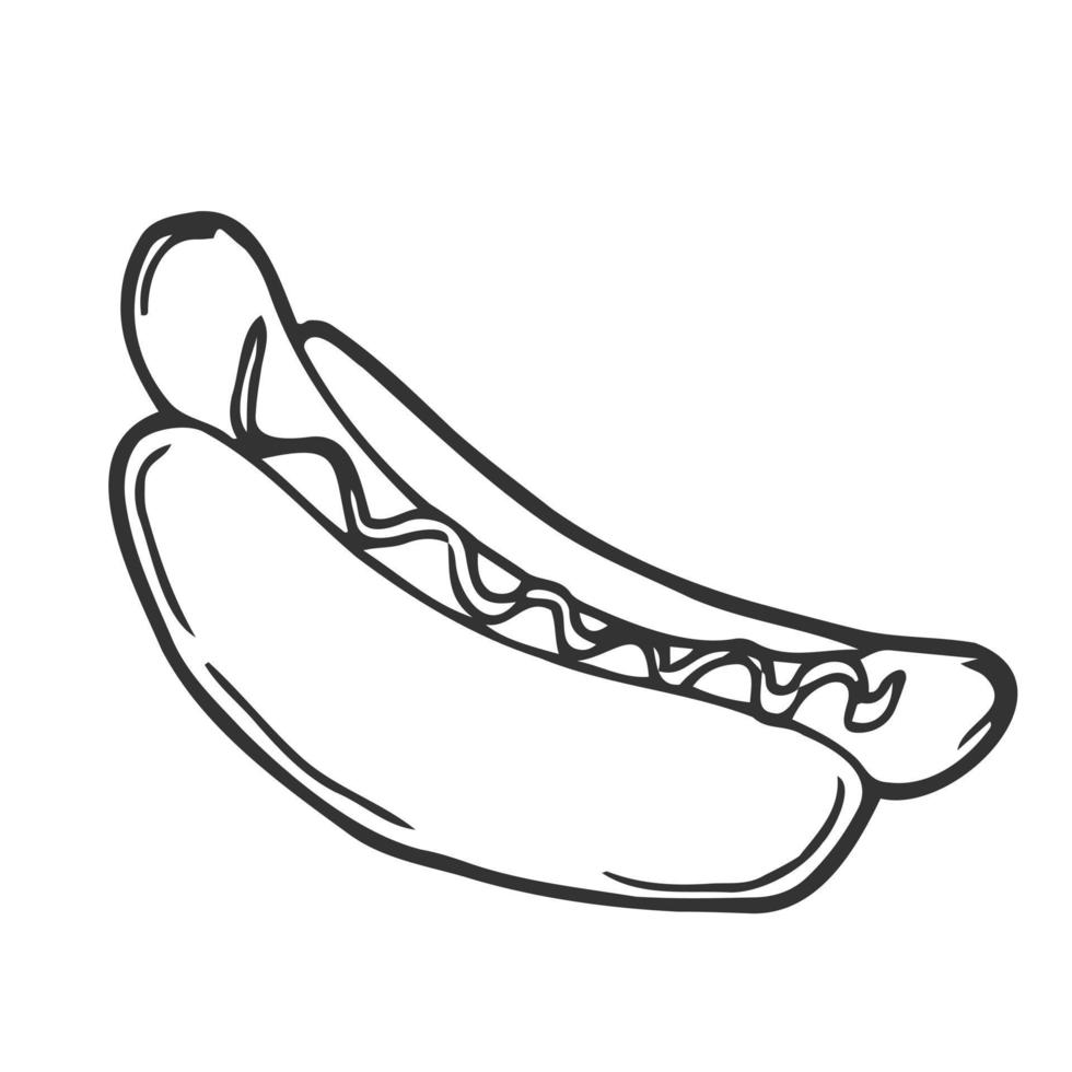 Vector illustration. Hand drawn doodle of hot dog with mustard. Unhealthy food. Cartoon sketch. Decoration for menus, signboards, showcases, greeting cards, posters, wallpapers