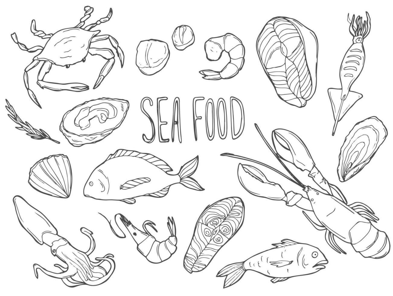 Hand drawn Seafood set. Decorative icons Squid, Octopus, salmon, oysters, scallops, lobster, red perch ,crab, shellfish and mussels. Vector illustration in old ink style