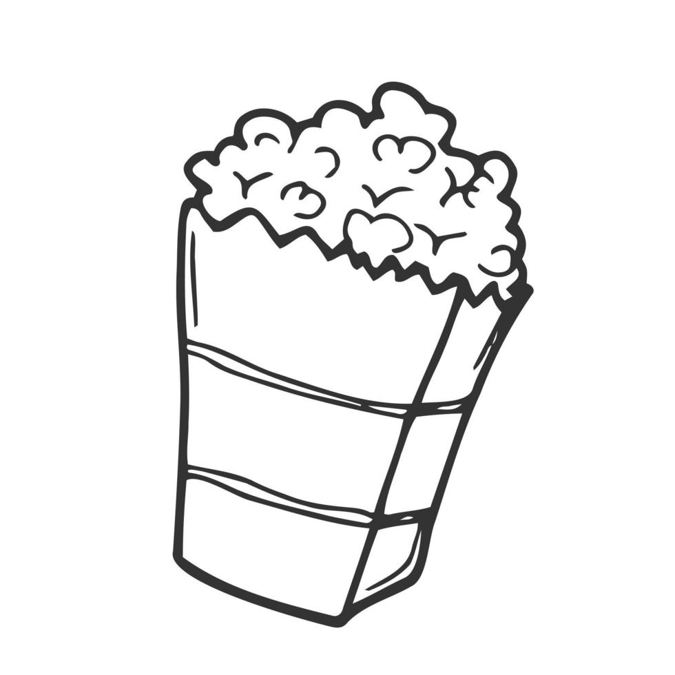 Contour popcorn icon. Hand drawn cartoon illustration of food in cinema. American symbol of snack in doodle style. Large paper cup striped to the top filled with ready-made corn kernels vector