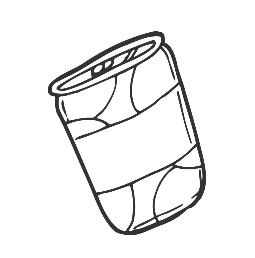 icono de garabato de contorno dibujado a mano de lata de soda. lata de metal de gaseosa con ilustración de dibujo vectorial de pajita para impresión, web, móvil e infografía aislado sobre fondo blanco. vector