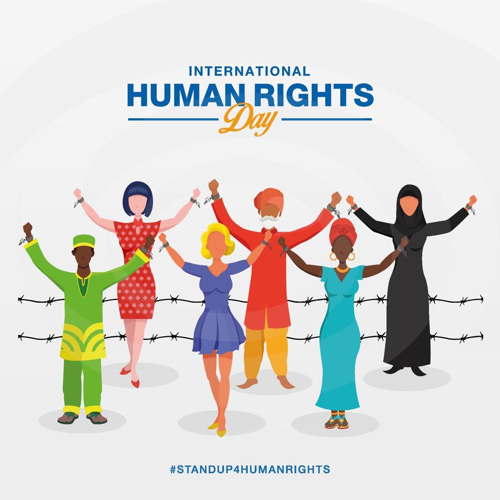 International human rights day background. peoples with different race raising hands and broken chains the symbol of freedom. vector