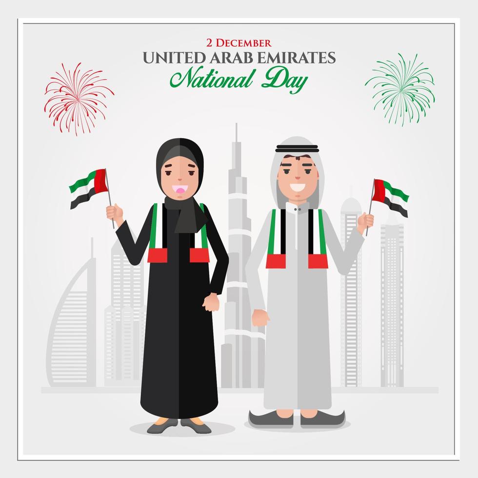 tarjeta de felicitación del día nacional de los emiratos árabes unidos. niños emiratíes de dibujos animados con la bandera nacional de los emiratos árabes unidos celebrando el día nacional de los emiratos árabes unidos vector