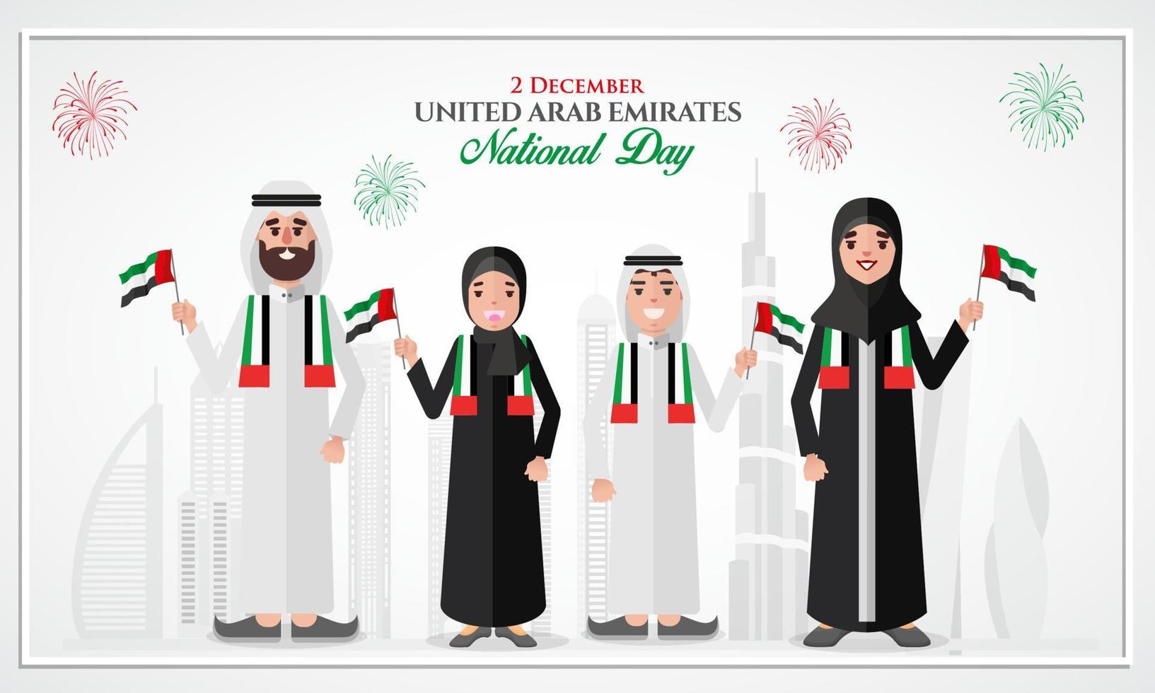 UAE national Day greeting card. Cartoon Emirati family holding UAE national flag celebrating United Arab Emirates National Day vector