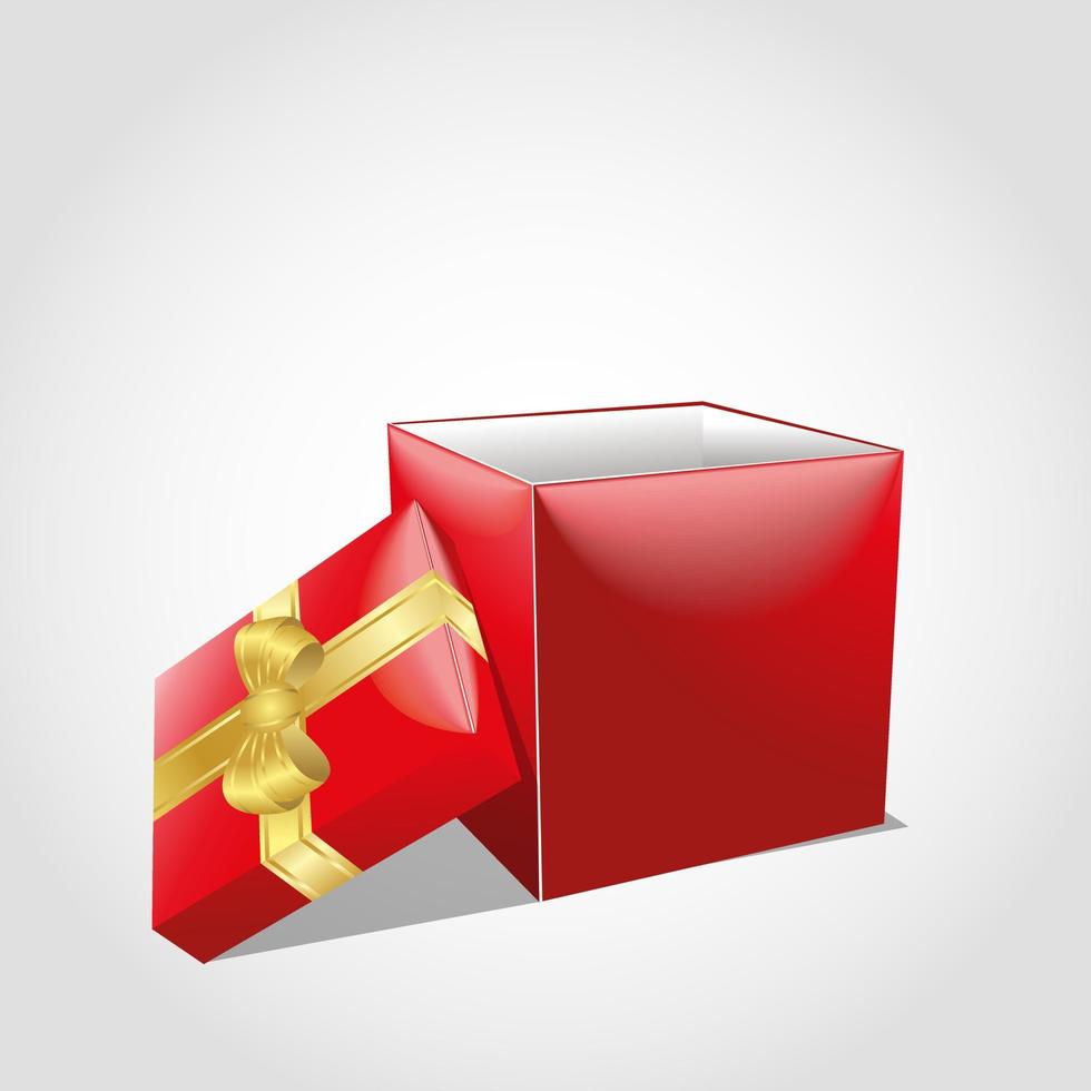 caja de regalo roja abierta con lazo dorado y luces brillantes aisladas en fondo blanco vector