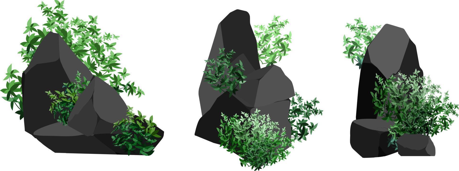 A set of black charcoal of various shapes and plants.Collection of pieces of coal, graphite, basalt and anthracite. The concept of mining and ore in a mine.Rock fragments,boulders. vector