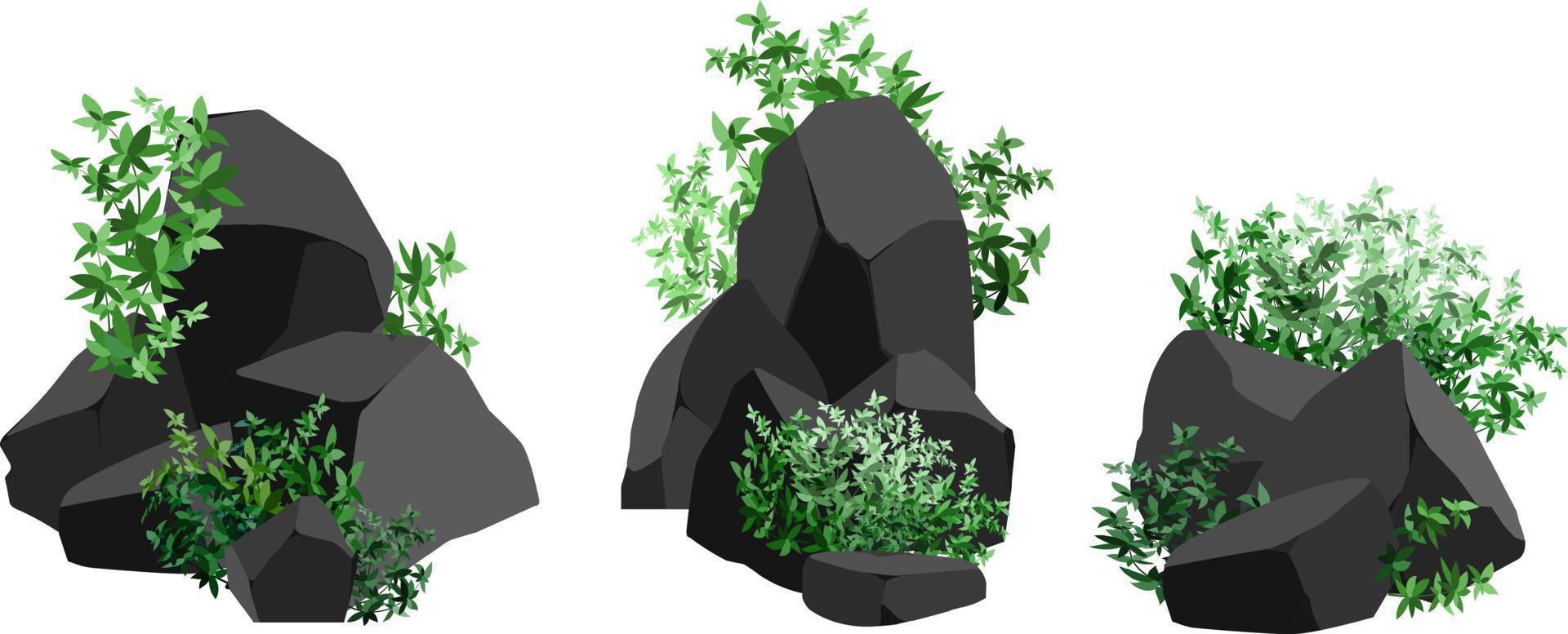 A set of black charcoal of various shapes and plants.Collection of pieces of coal, graphite, basalt and anthracite. The concept of mining and ore in a mine.Rock fragments,boulders. vector