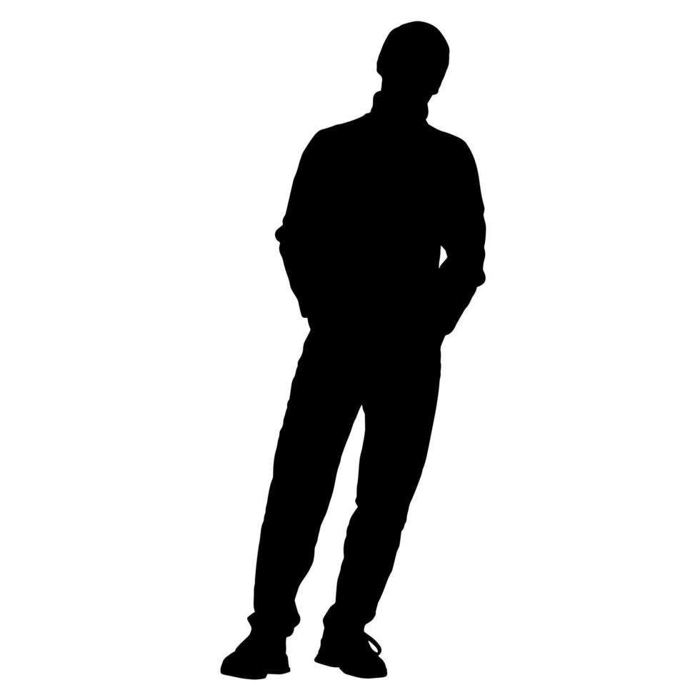 Vector silhouettes of men. Standing man shape. Black color on isolated white background. Graphic illustration.