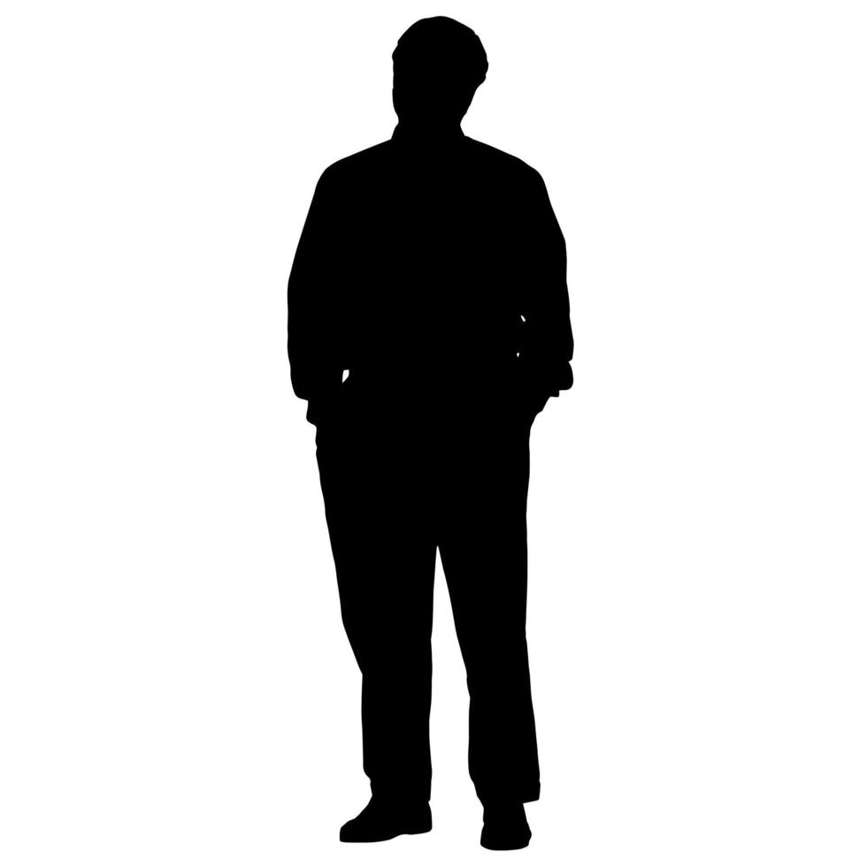 Vector silhouettes of men. Standing man shape. Black color on isolated white background. Graphic illustration.