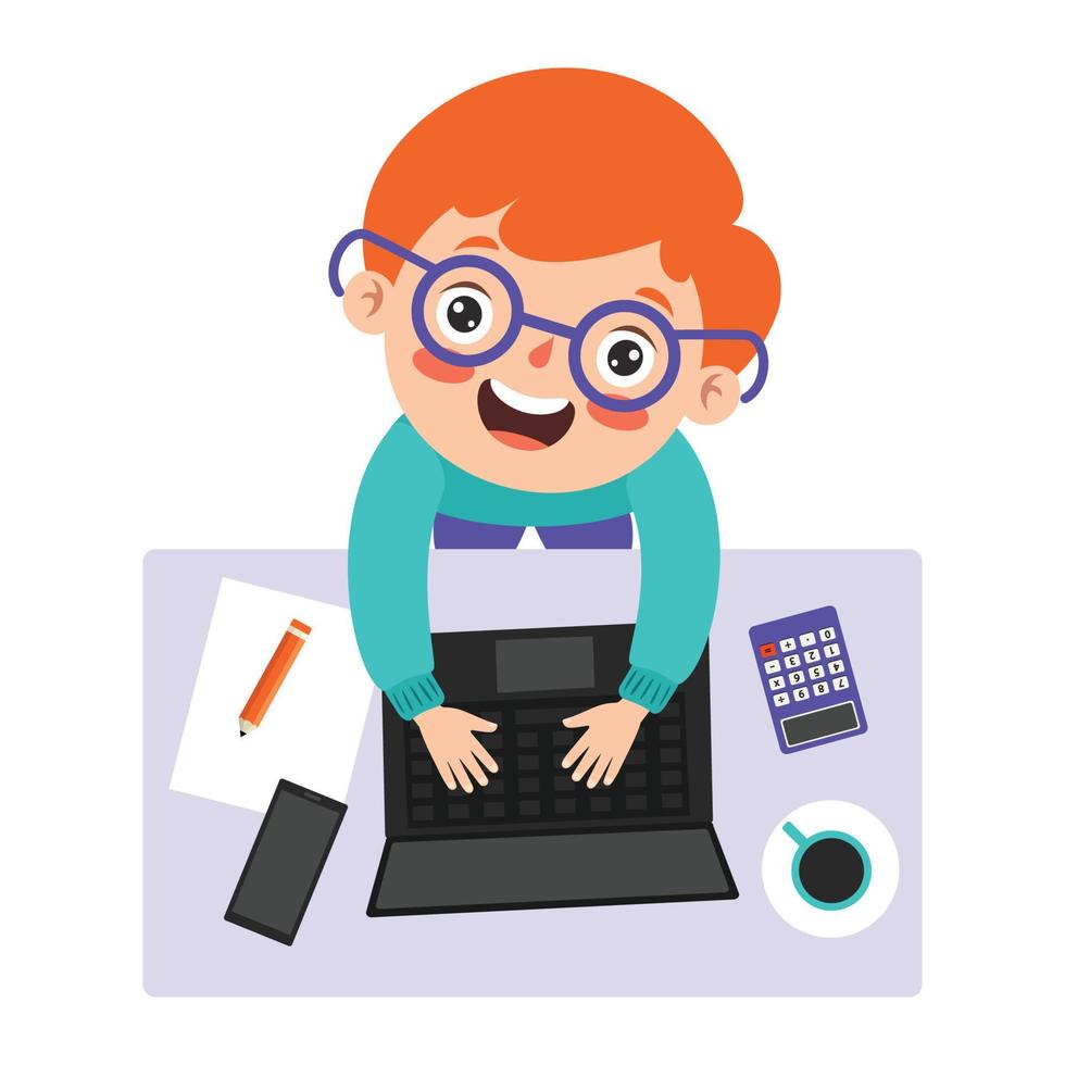 Top View Of Kid Using Computer vector
