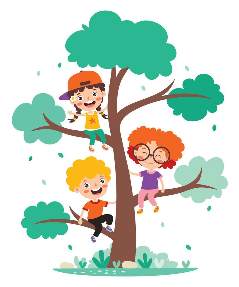 niños de dibujos animados jugando en el árbol vector