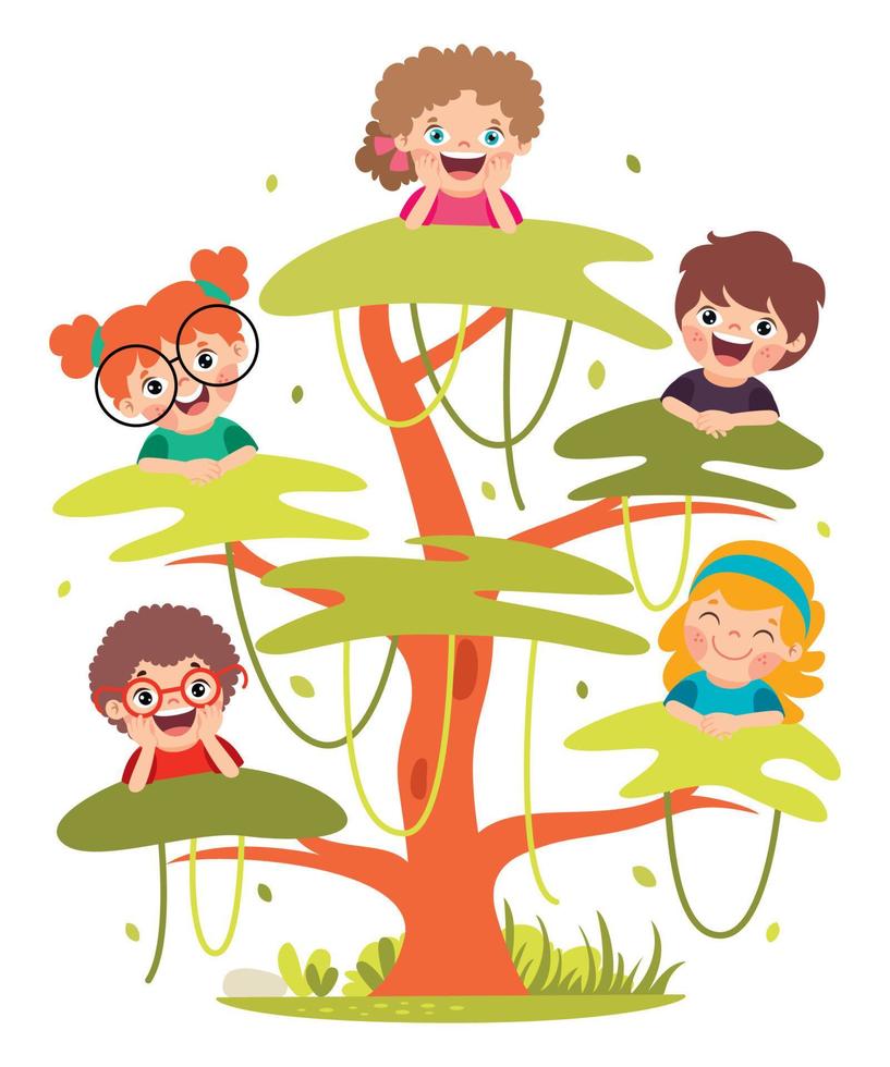 niños de dibujos animados jugando en el árbol vector