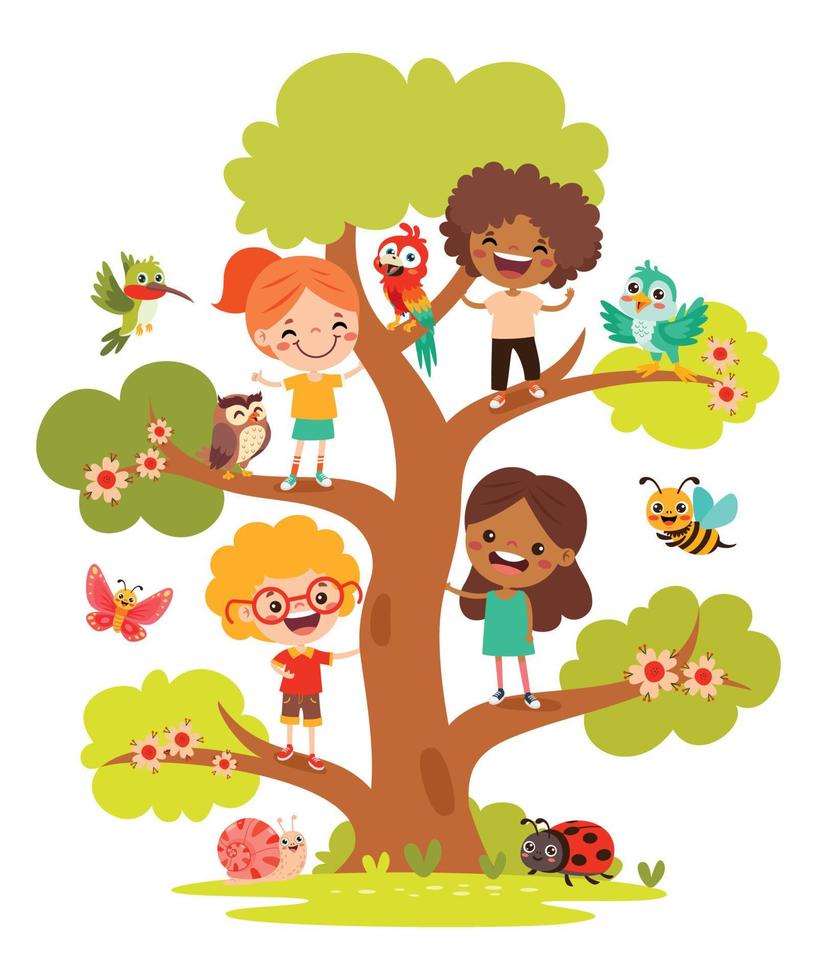 niños de dibujos animados jugando en el árbol vector