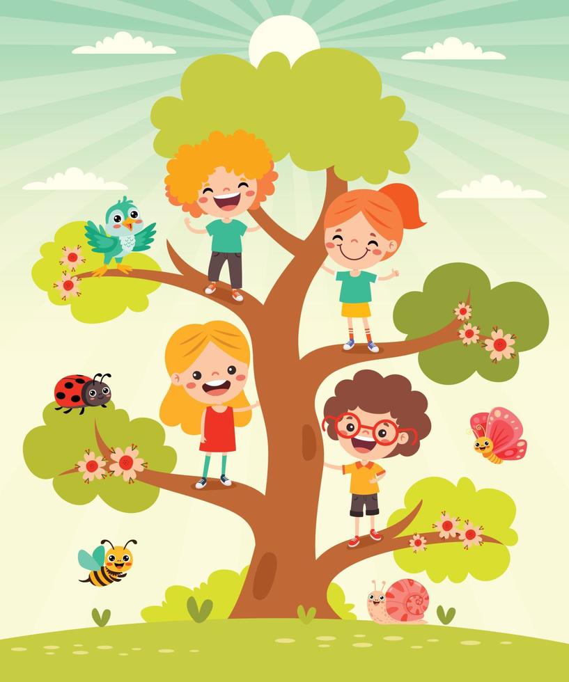 niños de dibujos animados jugando en el árbol vector
