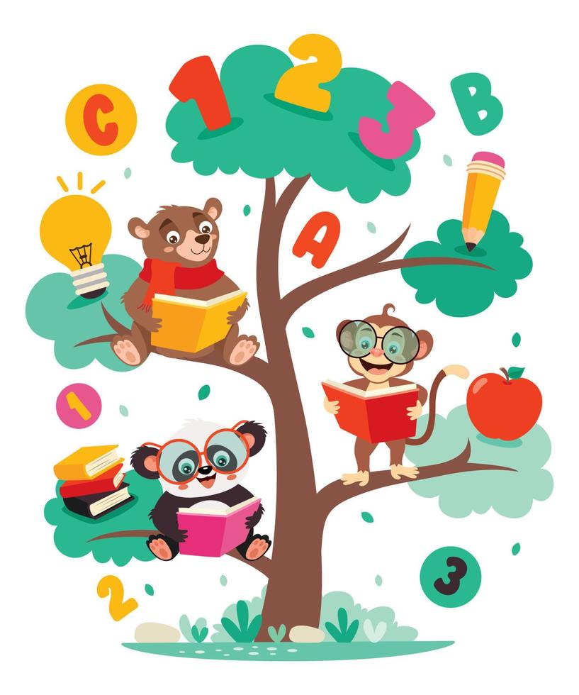 árbol educativo con animales de dibujos animados vector