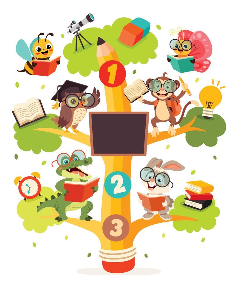 Education Tree With Cartoon Animals vector