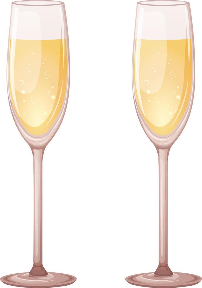 Cartoon glasses of champagne, carbonated drink in glasses isolated vector