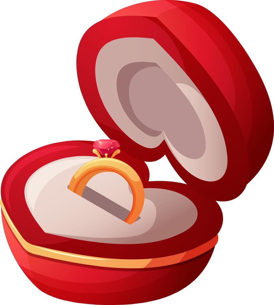 caja roja de anillo abierto, caja de anillo de compromiso, anillo de oro con piedra preciosa vector