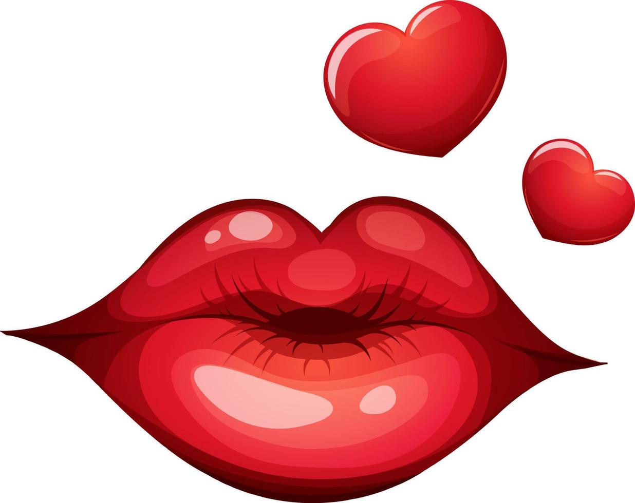 Cartoon red lips, kiss, air kiss with hearts isolated vector