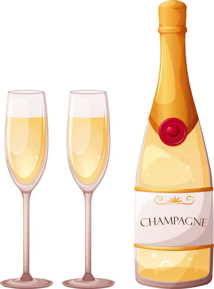 Cartoon bottle of champagne with glasses on transparent background vector