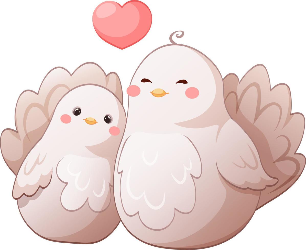 Pair of cute cartoon pigeons with heart, love of white birds vector