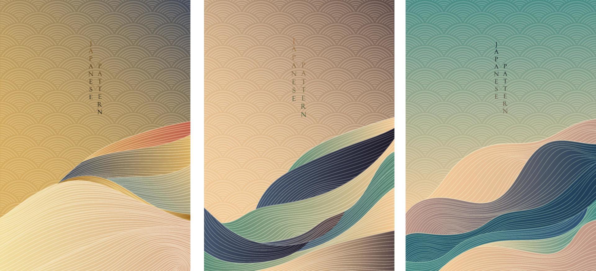 Japanese background with line wave pattern vector. Abstract art template with geometric pattern. Mountain and desert banner design in oriental style. Ocean sea template. vector