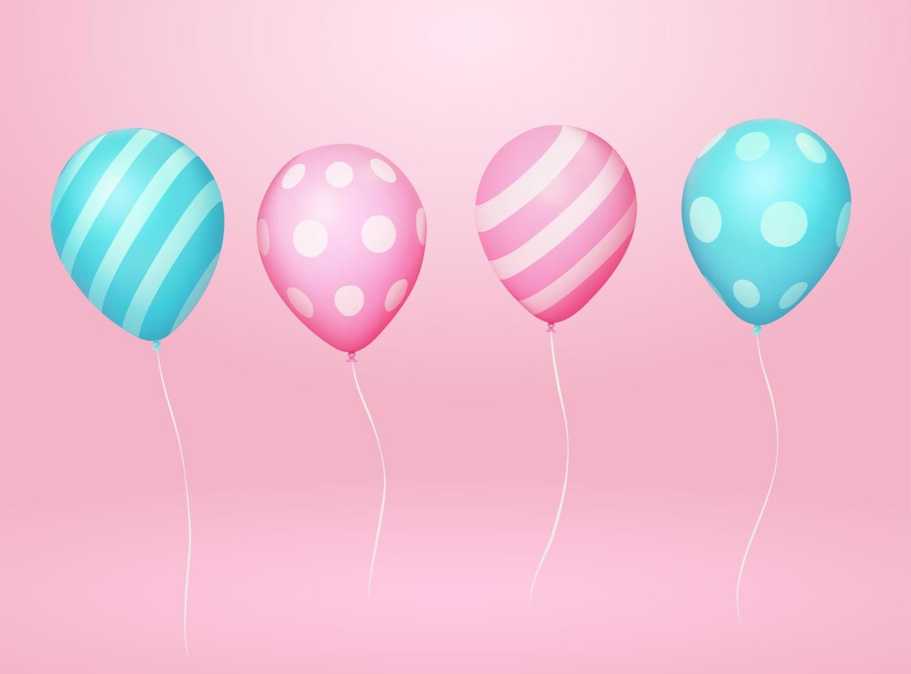 3D Patterned balloons with strings. Illustration of two pairs of balloons in pink and blue color. Each group are with striped and dotted surfaces tied with white strings on pink background vector