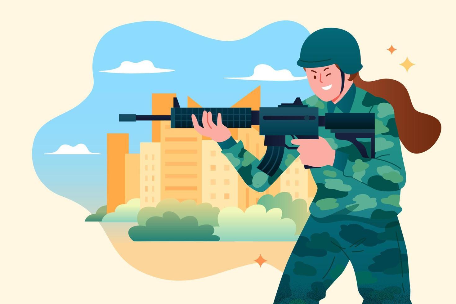 Flat illustration of woman Soldier with gun protecting the city vector