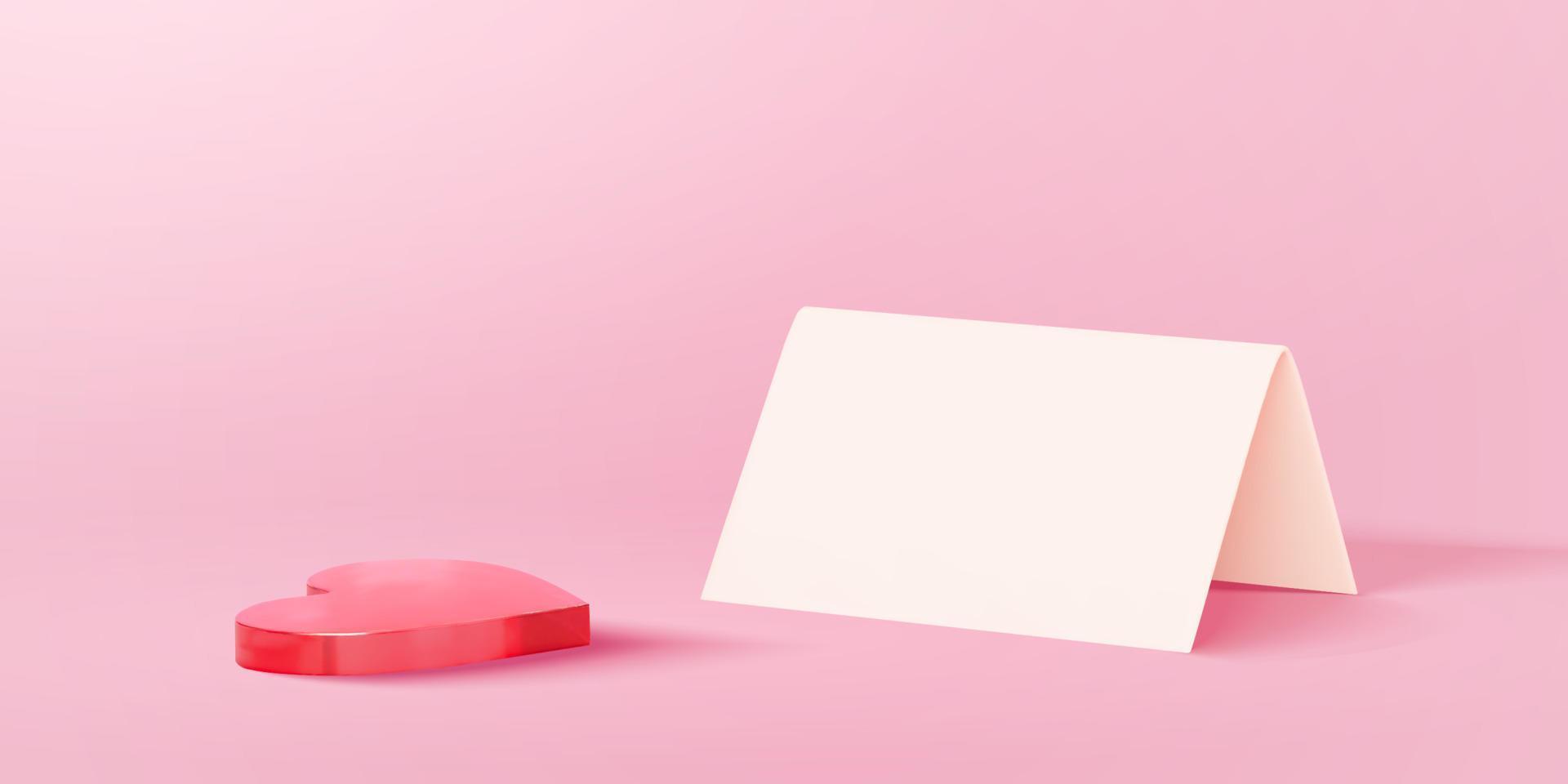 Ilustración 3d de un soporte de papel blanco y una decoración de corazón acrílico rojo aislada sobre fondo rosa. elementos adecuados para el día de la madre y el día del maestro. vector