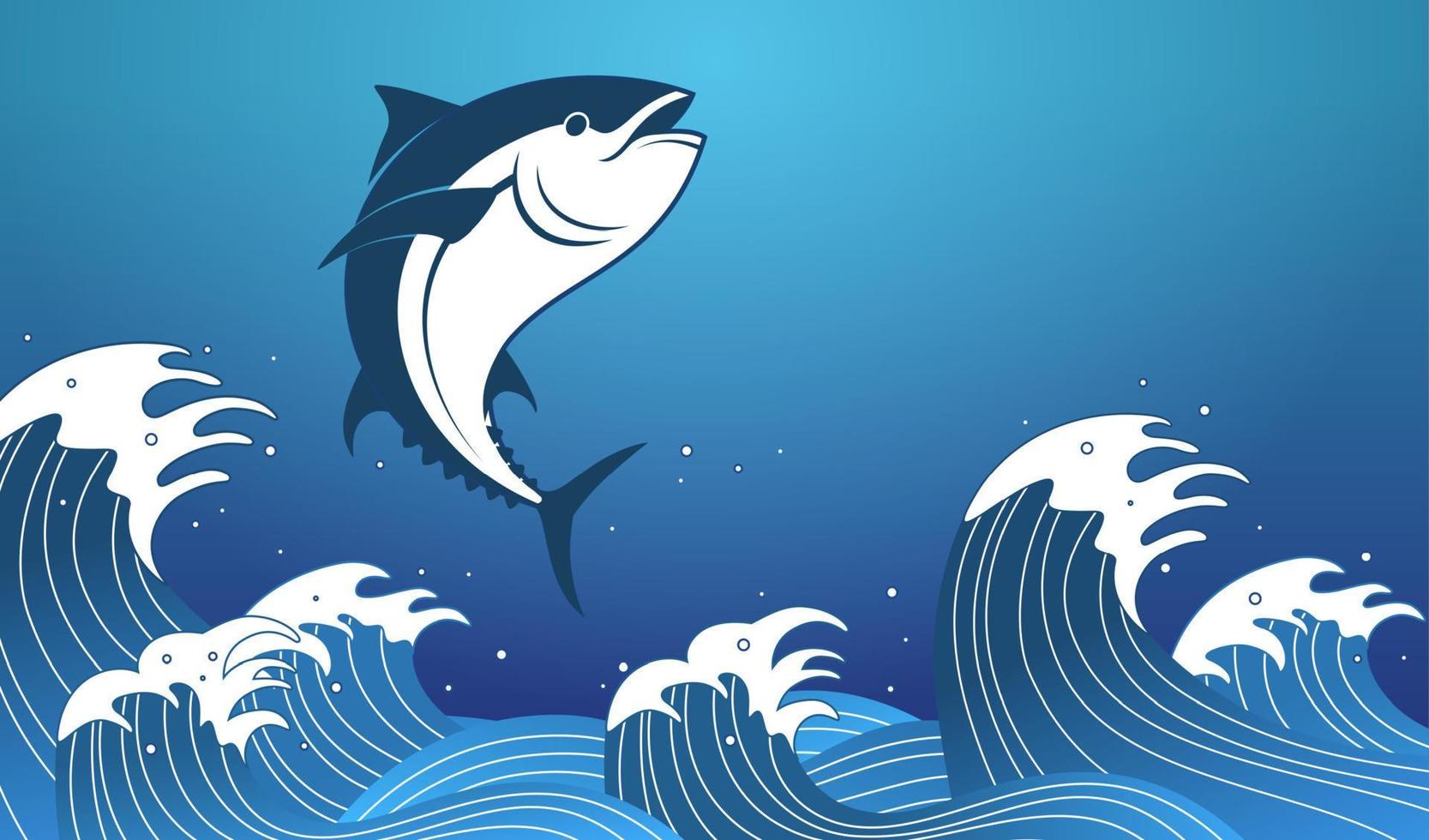 Flat style illustration of a bluefin tuna jumping out from strong waves splashing water through the sea on blue background vector