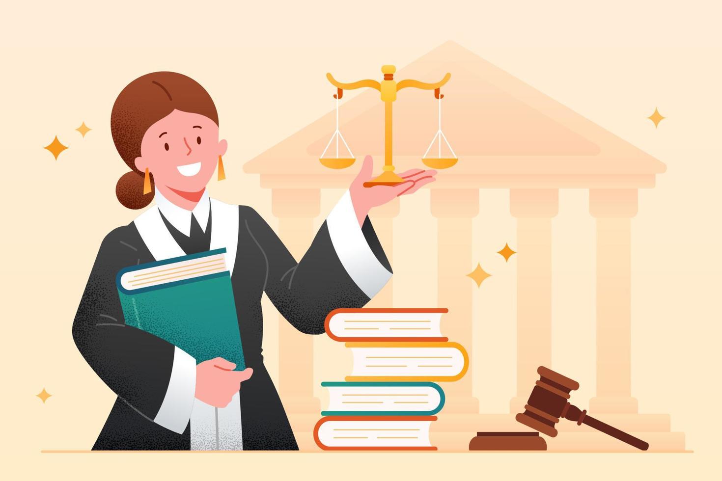 Female lawyer Flat vector illustration. Woman judge with books and scales of justice, court building in background.