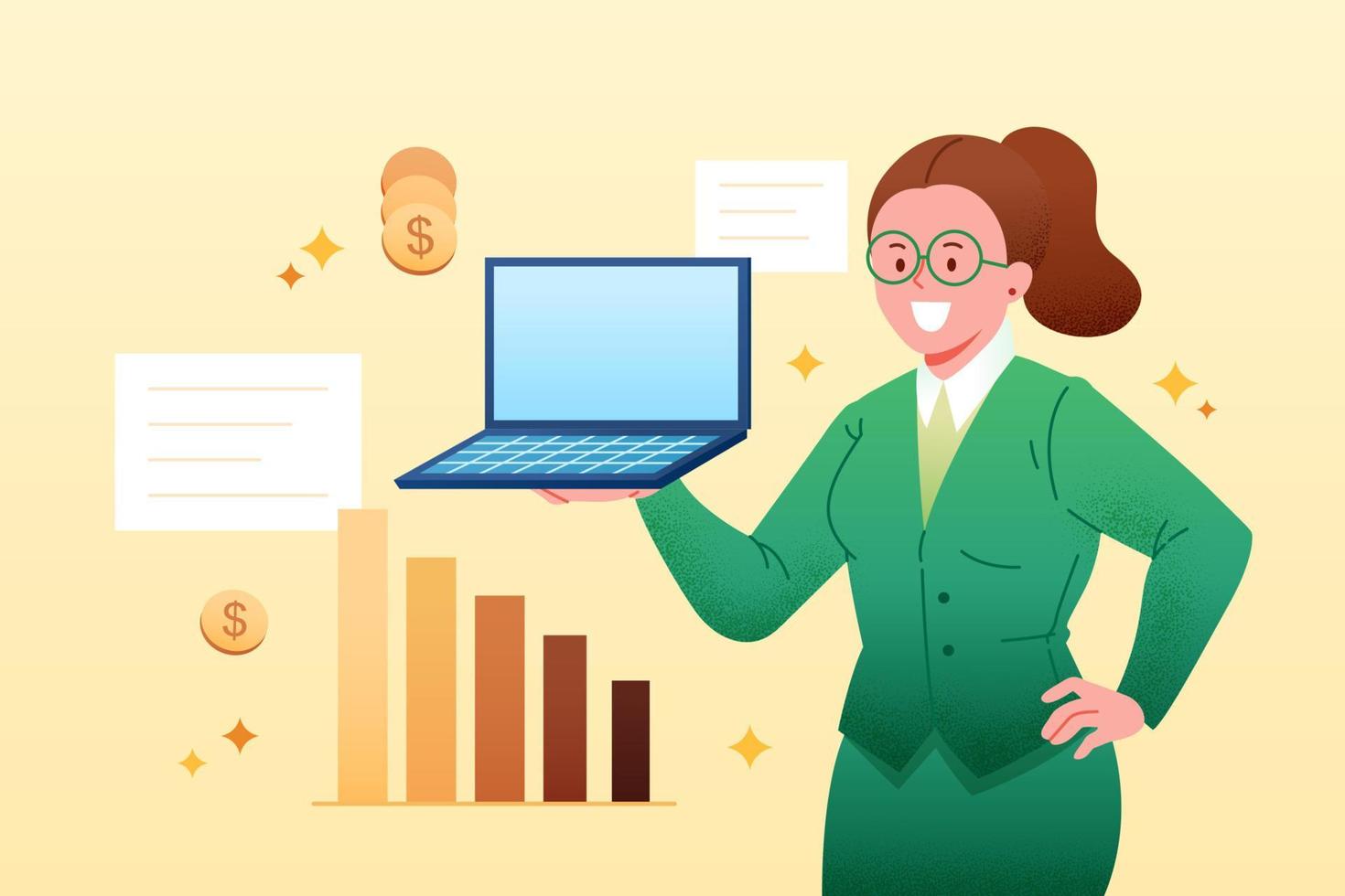 Flat illustration of a businesswoman holding laptop with bar graph, dollars, and reports on light yellow background. vector