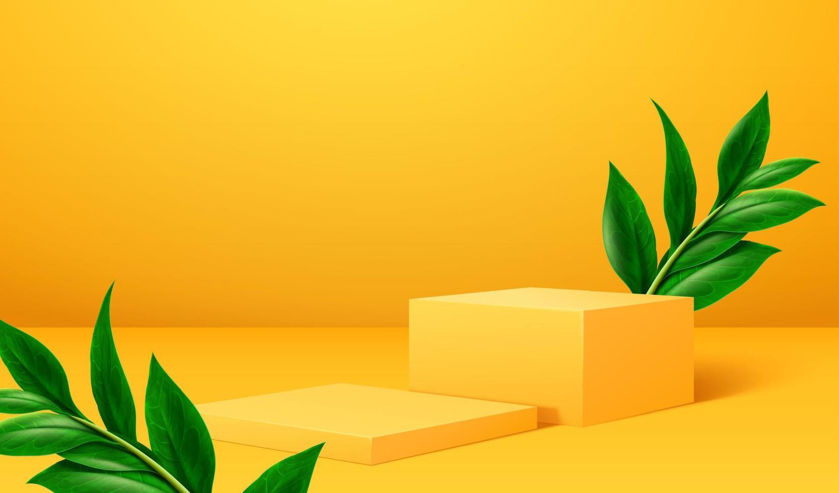 fondo de podio amarillo. Podio amarillo 3d decorado con plantas tropicales para exhibición de productos sobre fondo amarillo vector