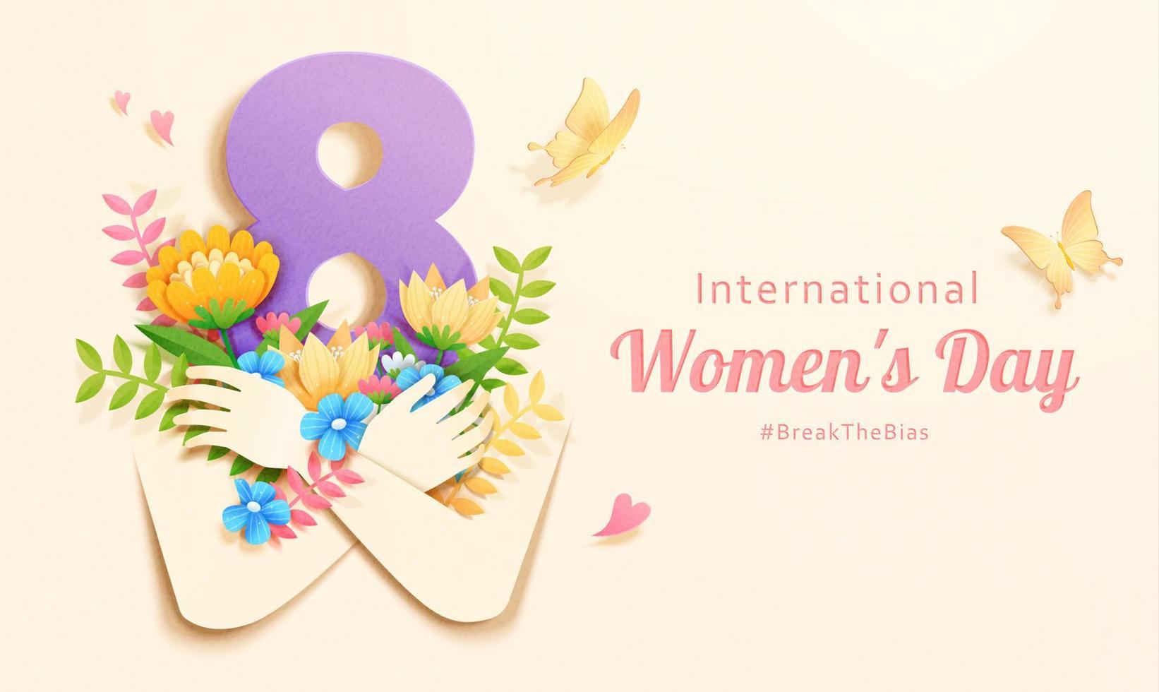 Women's Day banner. Illustration of a faceless person with an eight head holding a garden full of life in her arms. Concept of embracing own's natural beauty vector