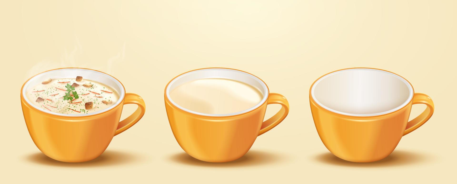 sopa de crema en tazas de cerámica. juego de tazas de sopa 3d aisladas en un fondo amarillo claro, dos de ellas cargadas con sopa de crema espesa vector