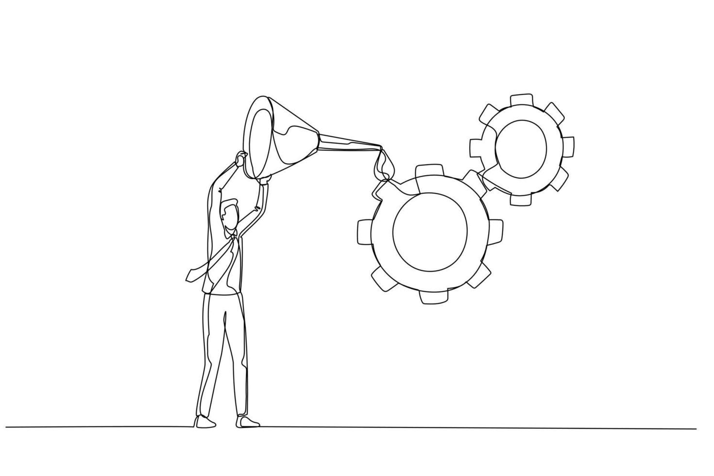 Drawing of businessman oiling gear cogwheel to make it work properly metaphor of quality control and management. Continuous line art vector