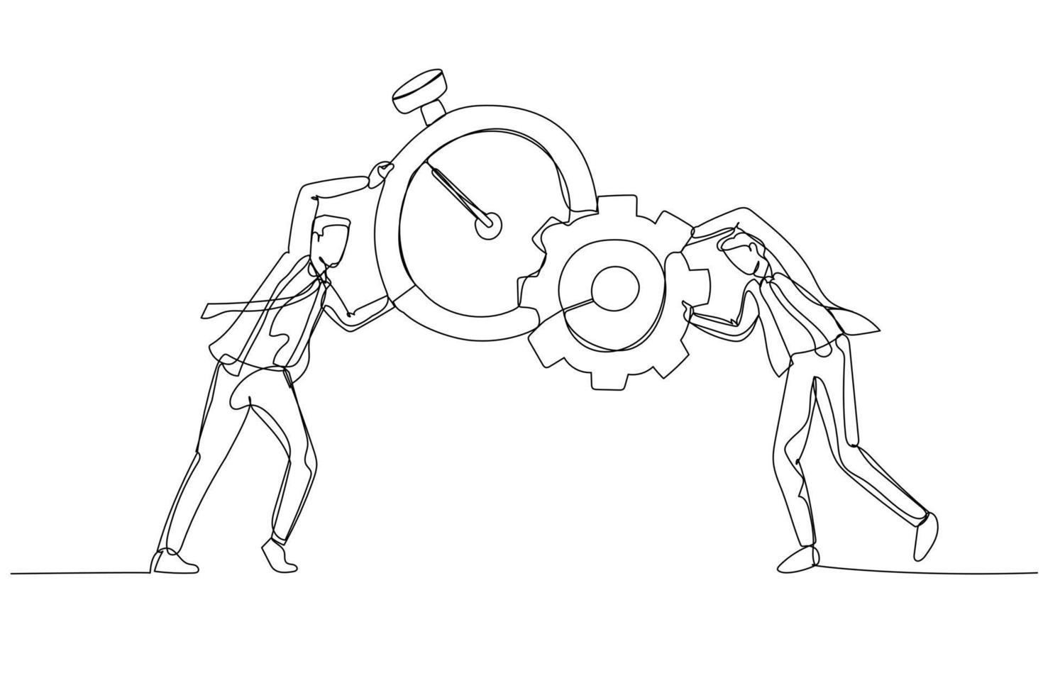 Drawing of businessman combine clock with and gear cogwheel concept of time management and production. Single continuous line art style vector