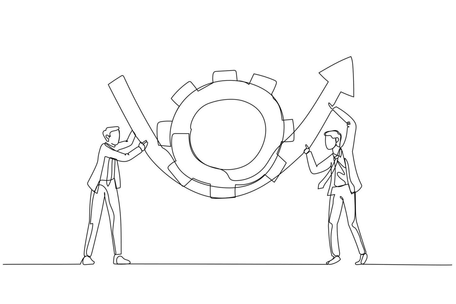 Illustration of businessman partner help rotate gear cogwheel to make arrow rising up concept of business transformation. Single continuous line art style vector