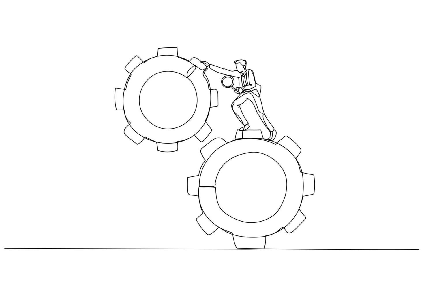 Drawing of businessman leader use magnifying glass analyze cog wheels problem concept problem fix. Single continuous line art style vector