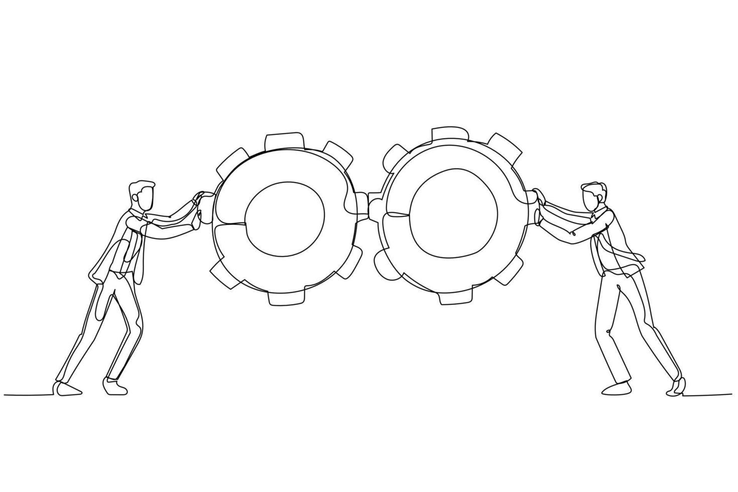 Cartoon of businessman pushing gears wheel concept of business team work. One line art style vector