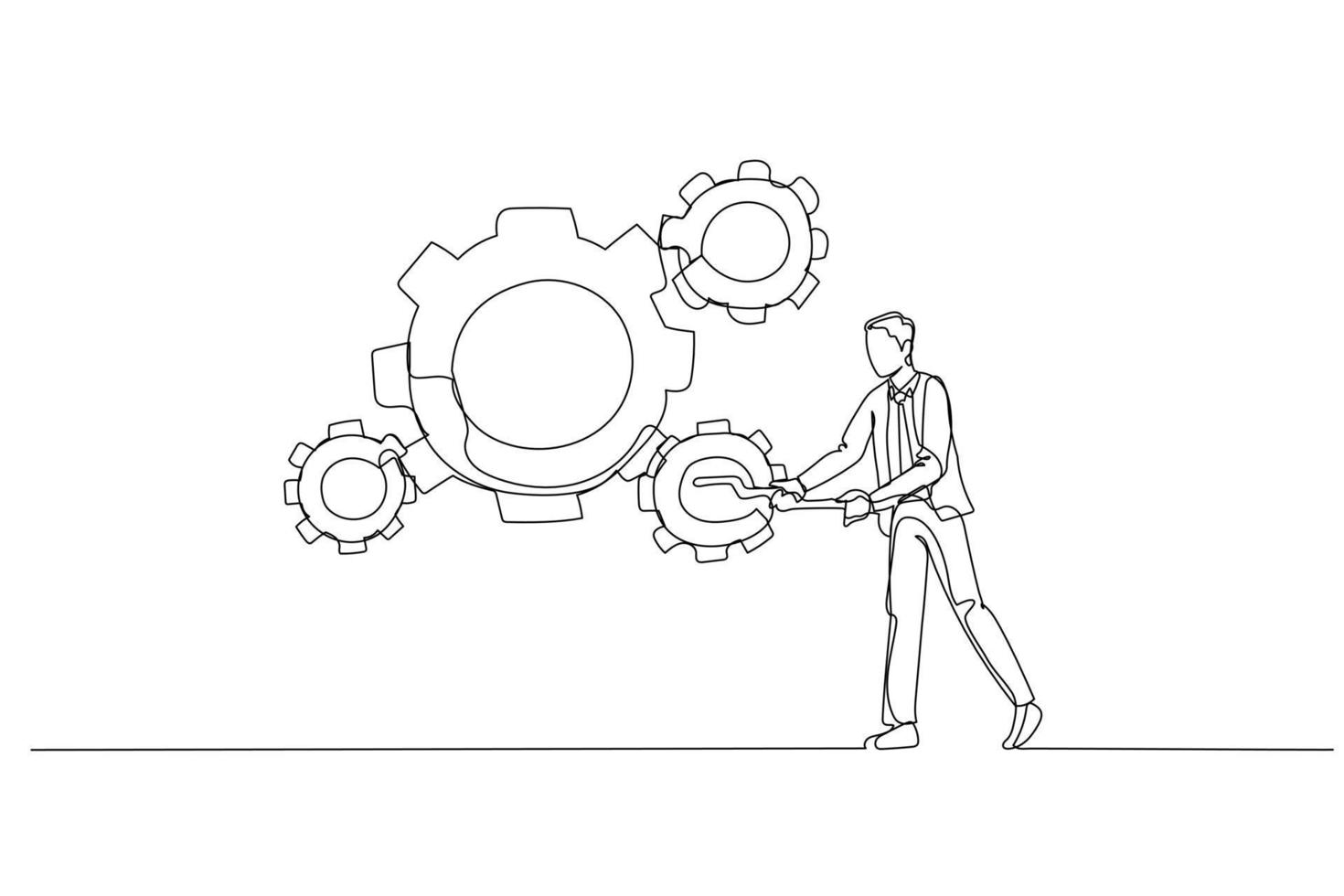 la caricatura del gerente de negocios usa la habilidad gerencial para rotar el grupo de ruedas dentadas de negocios. arte de estilo de una línea vector
