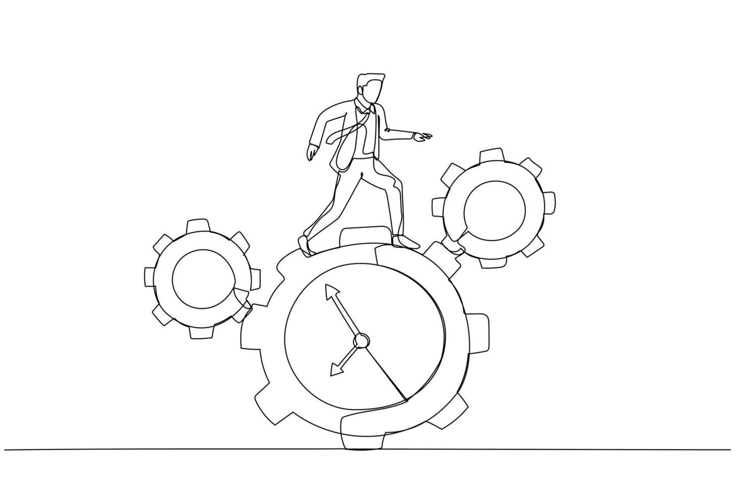 Cartoon of businessman run along gear in form of clock concept of time management. One continuous line art style vector