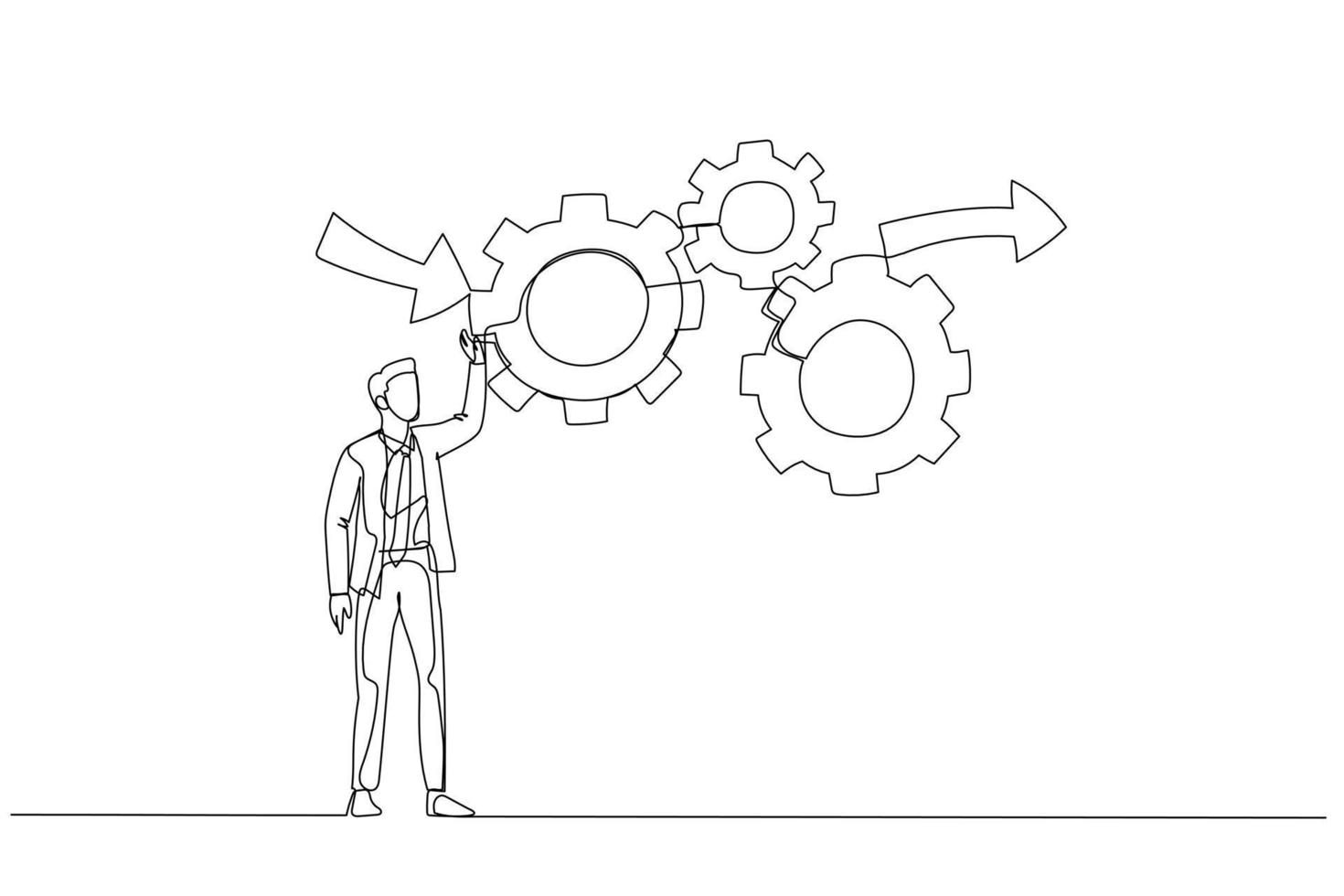 Illustration of businessman make cogwheels work effective and efficient for best result concept of workflow management. Single line art style vector