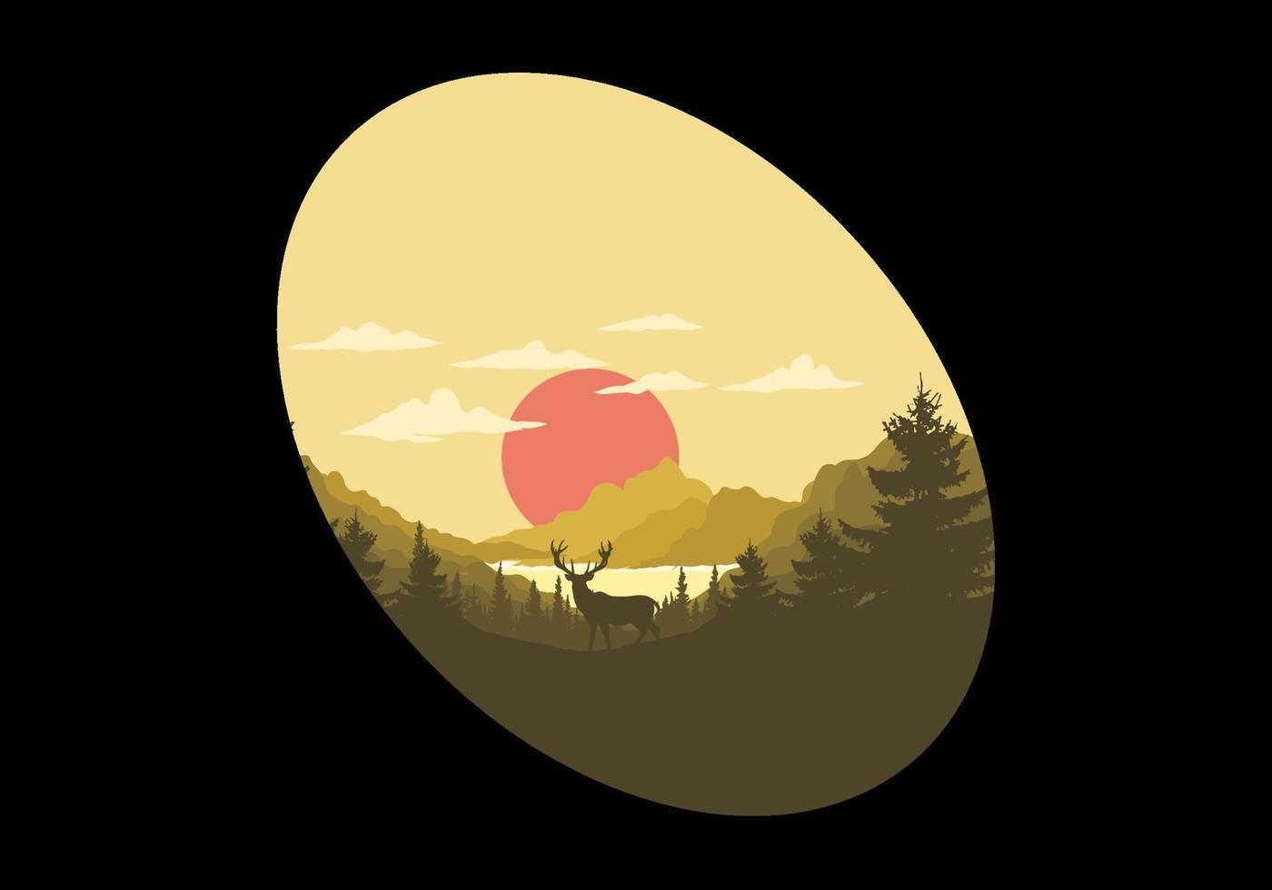 ilustración de arte paisajístico de lagos y bosques de pinos vector