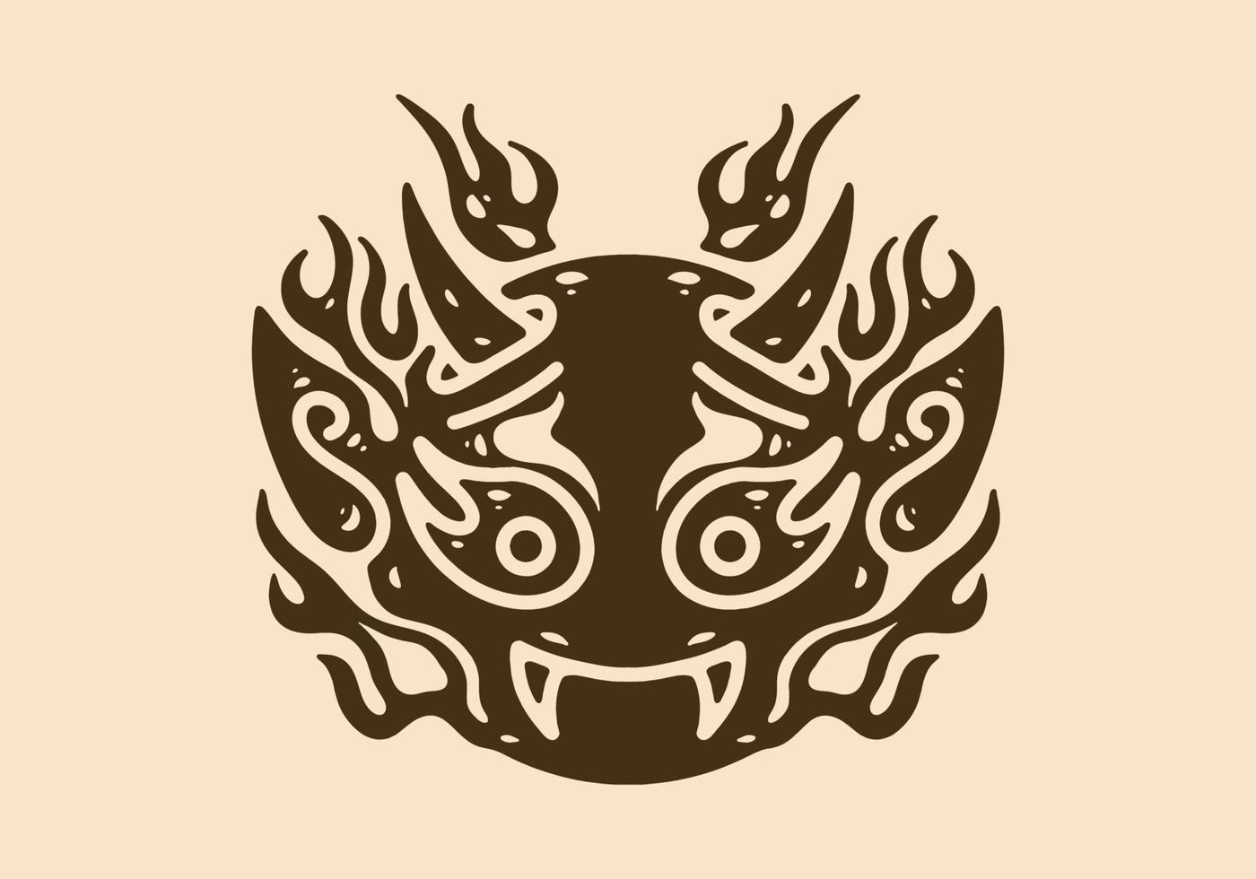 Illustration drawing of devil face with horns and flames vector