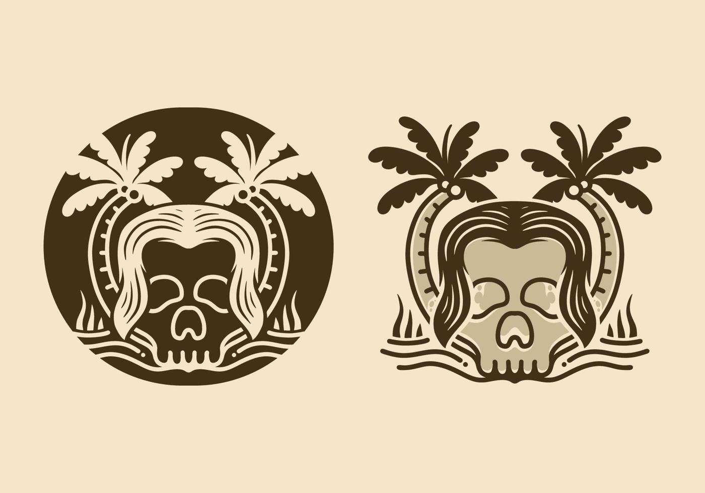 diseño ilustrativo de una calavera con pelo largo y dos cocoteros vector