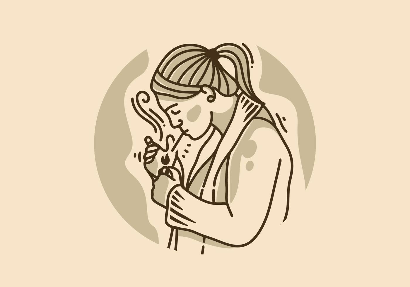 Vintage illustration design of woman is lighting a cigarette with a lighter vector